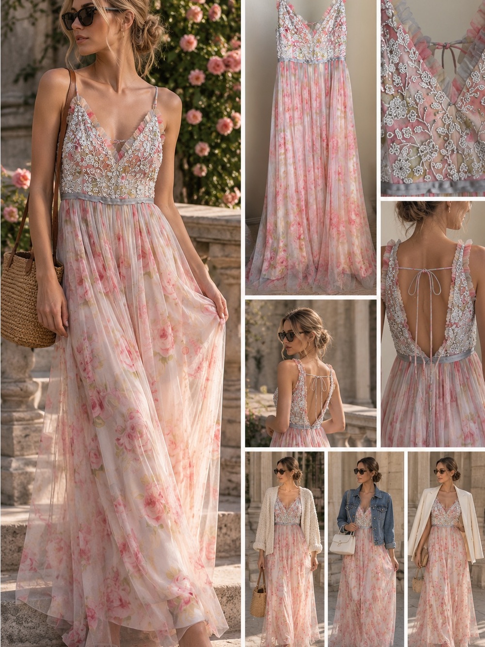 Needle & Thread Floral Embroidered Beaded Tulle Maxi Gown Pink